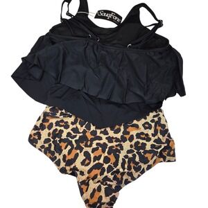 SouqFone Tankini Women S Black Leopard Ruffle Handkerchief Safari Resort 347 NWT